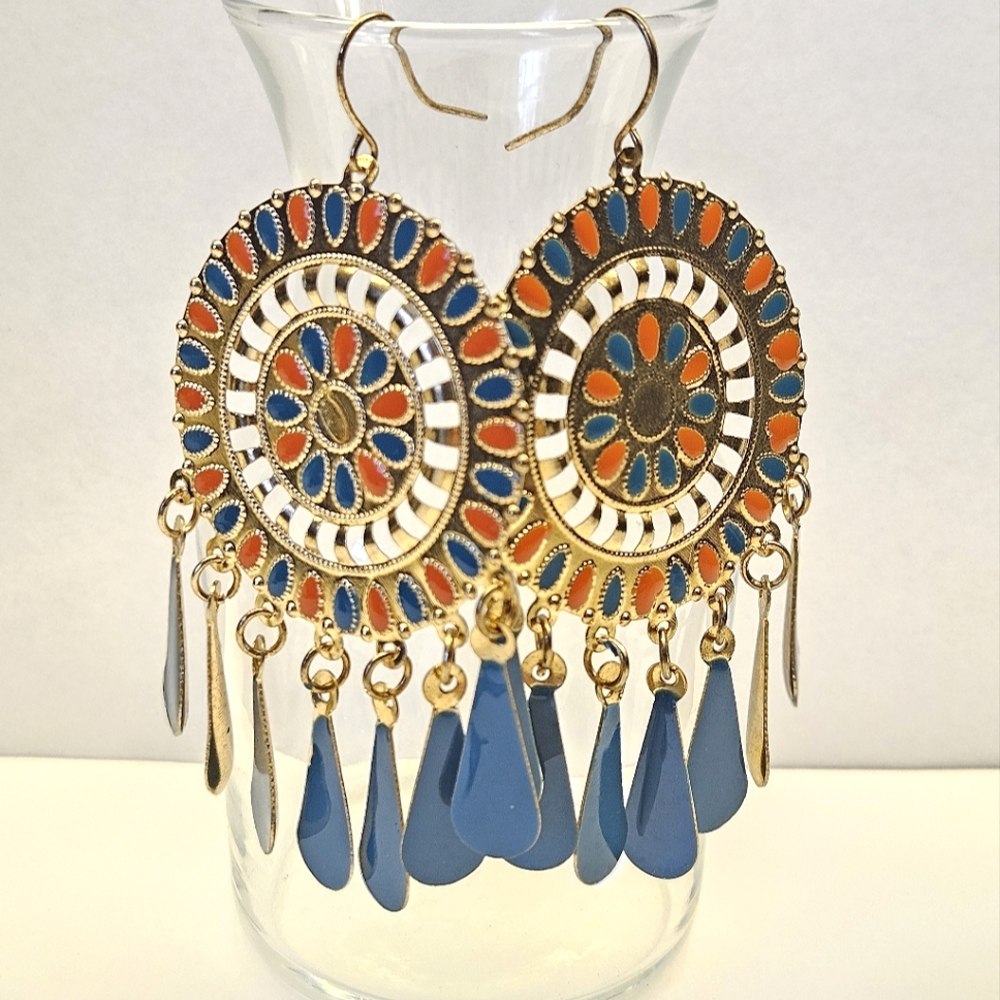 Blue and Orange Round Tassle Earrings